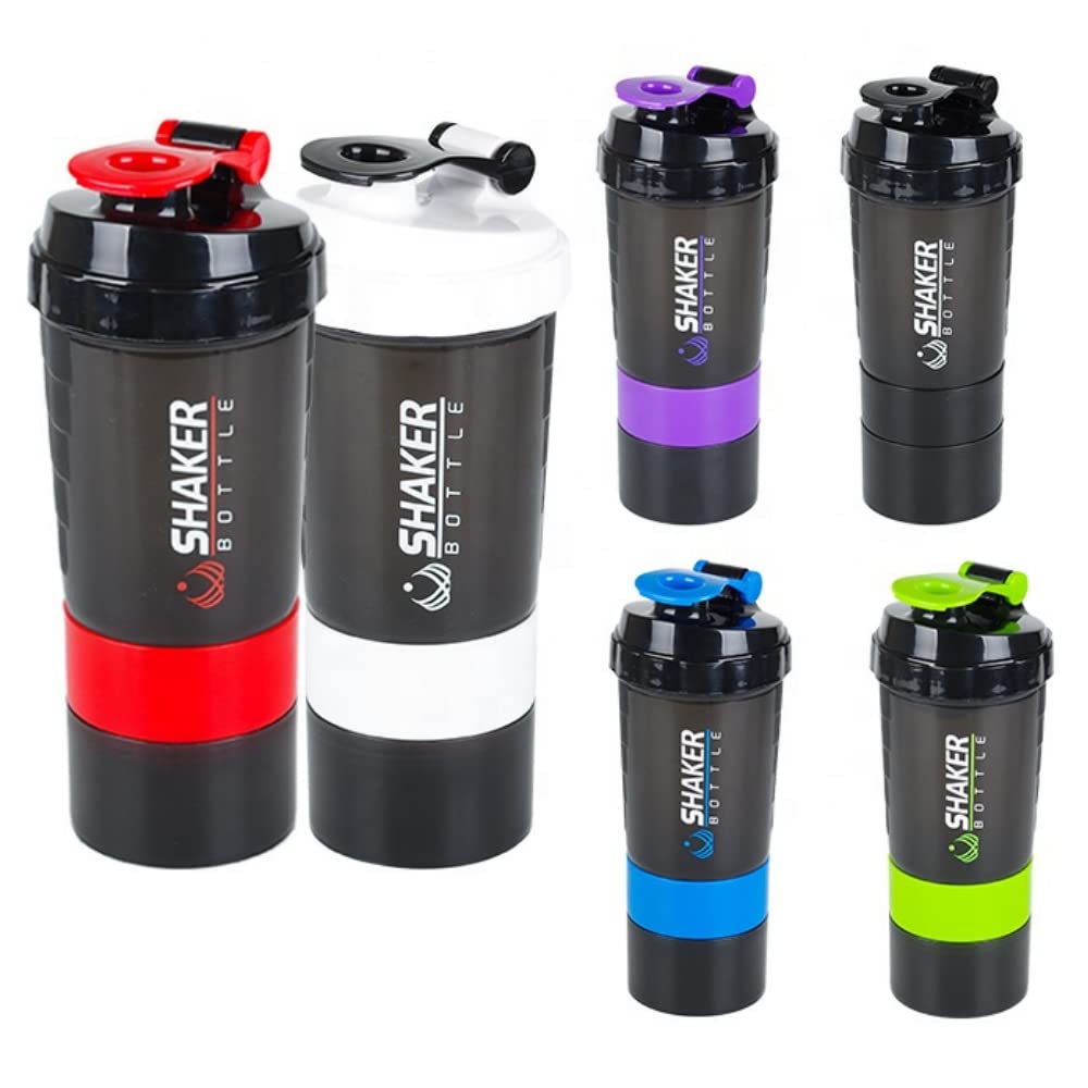 Protein Shaker Bottle 3-Layer Twist Lock Storage-Leak Proof Shake Bottle Mixer-Sports Water Bottle with Pill and Tray (Red)