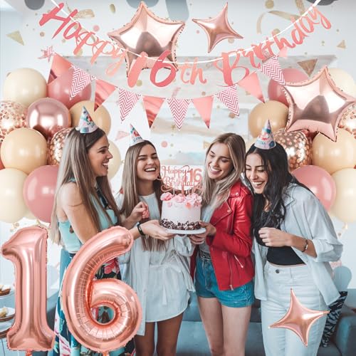 Image of Jobkoo Girls 16th Birthday Decorations, Retro Pink Nude Sweet 16 Balloon Set Happy 16th Birthday Banner Cake Topper Dusty Pink Beige Rosegold Star Balloons for Boho 16 Year Old Bday Party Decoration