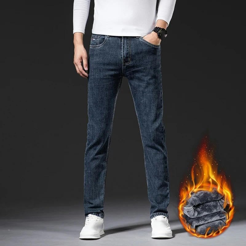 Winter Korean Jeans Men's Thickened Warm Elastic Slim Straight Denim Trousers2