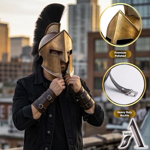 Image of AnNafi Greek Spartan Agamemnon Helmet, Medieval Roman 300 King Leonidas Knight Movie Helmets + Liner, LARP SCA Cosplay Armor Replica Adult, Role Play Helm, Armour Costume & Headwear Accessories