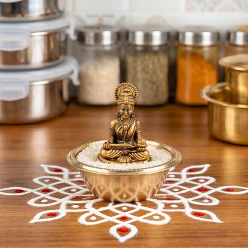 Image of anciently Pure Brass Annapoorani Statue with Rice Bowl - Maa Annapurna Devi Idol /Silai /Murti for Kitchen Vastu & Pooja Room, Gold Colour, 1 Set