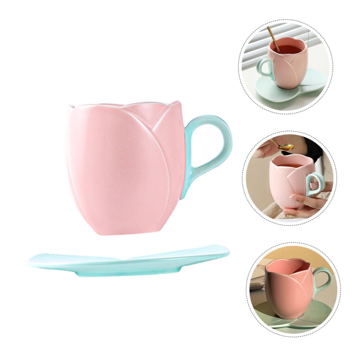 BESTYASH Taza de Café de Cerámica con Platillo Taza de Tulipán Rosa para Desayuno de Agua con Asa para Beber de Leche para Hogar