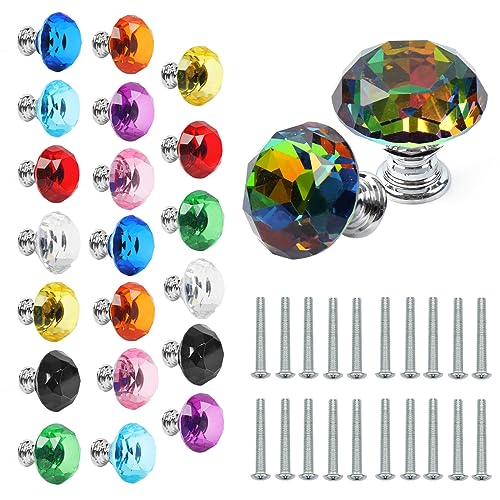 Tkocisa 22 Pack Colorful Crystal Drawer Knobs, 30mm Glass Dresser Knobs Cabinet Diamond Shape Pulls Handle for Wardrobe, Kitchen, Bathroom, Cupboard(11 Colors)
