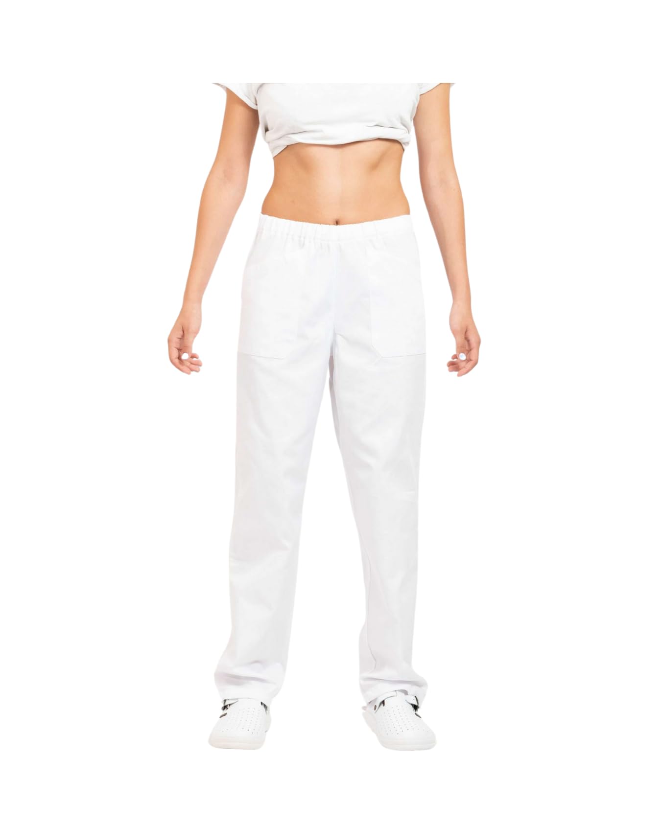 Pantaloni da Divisa Unisex - per Dentisti - Fisioterapisti - Estetiste - Operatori Sanitari - Colore Bianco - Elastico in Vita