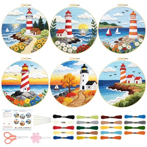 Image of BEUNITONE 6 Set Beginner Embroidery Kit for Adults with Pre-Printed Washable Lighthouse Pattern, DIY Needlepoint Craft Kits for Cloth with Embroidery Hoop and Instruction, Funny Gifts for Home Decor
