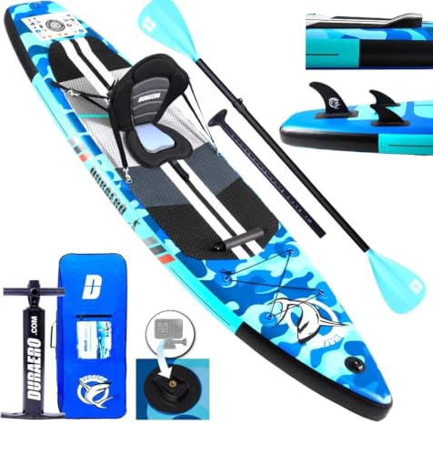 Tabla Hinchable de Paddle Surf con Asiento de Kayak, 330 x 76 x 15 cm, hasta 150 kg, Almohadilla Integrada, Aleta Desmontable, Doble Remo Ajustable, Kit de Reparación, Camuflaje Azul