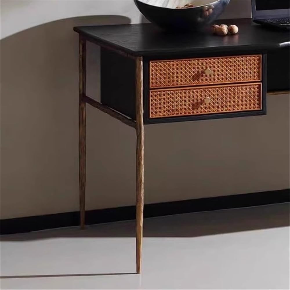 Table Bureau à domicile en chêne avec tiroirs rotin et structure métal