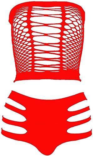 Women Lingerie Set Fishnet Babydoll Sexy Bodysuit Nightwear (W305-RED)