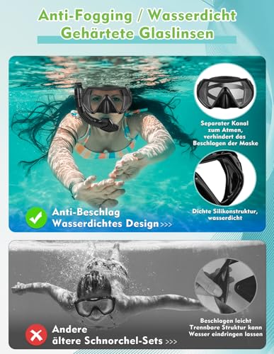 Schnorchelset Erwachsene Anti-Fog Taucherbrille mit 180° Panorama Sichtfeld, Dry Top Schnorchel 3-Kanal System, Auslaufsichere Tauchmaske aus gehärtetem Glas für Tauchen Schwimmen, Hydomi