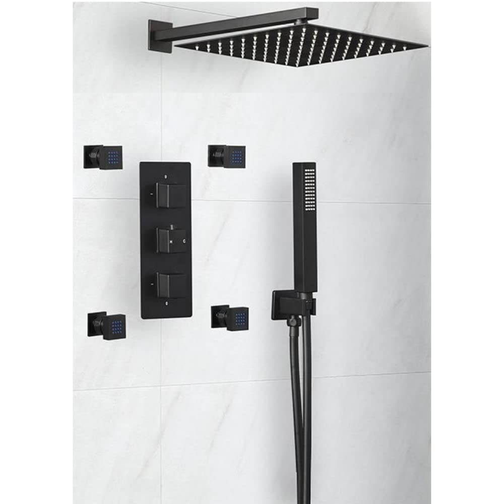 Milano Black Preto Thermostatic Mixer Valve 300Mm Square Shower Head Handset Body Jets