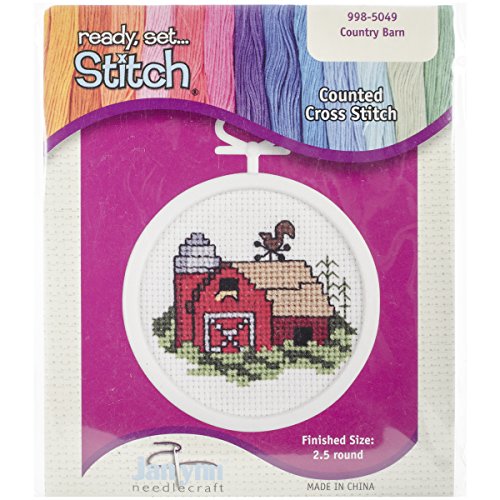Janlynn 18 Count Round Mini Counted Cross Stitch Kit, 2-1/2-Inch, Barn