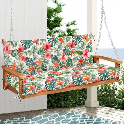Porch Swing Cushions, Memory Foam Swing Cushion for Outdoor Furniture, Water-Repellent Patio 2-3 Seater Cushion Replacement with Headrest for Swing Chair, 60x40 Inch (Hibiscus Monstera)