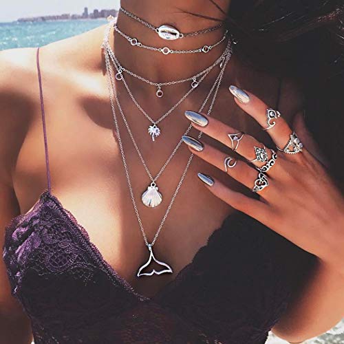 Artmiss Boho Layered Necklace Silver Women Shell Mermaid Leaf Pendant Necklace Multilayer Chain for Girls