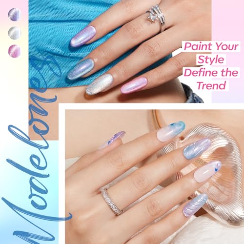 Image of modelones Cat Eye Gel Nail Polish Set, 6 Colors 2026 Summer Shimmer Pearl Magnetic Nail Drawing Set with Magnet, Iridescent Mermaid Swirl Shell Thread Purple Pink Blue Green Coral Glitter DIY Gift