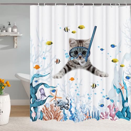 Image of Funny Cat Shower Curtain,Cute Cat Teal Blue Sea OceanShower Curtain Set,Underwater Animal Fabric Shower Curtains for Bathroom with Hooks 72X84inches