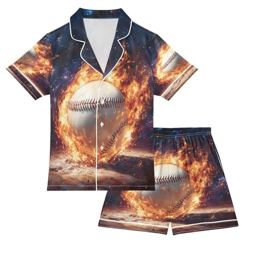 ALAZA Baseball Flame Sky Satin Pajamas Set Short Sleeve Button Down Sleepwear Summer Pjs 2 Piece