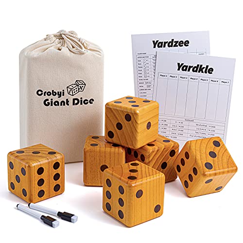 Crobyi Giant Yard Dice Game, 3.5' Giant Wooden Outdoor & Lawn Dice Game for Adults and Family. Includes 6 Giant Dice, 2 Yardzee&Farkle Scoreboard, 2 Marker Pens and a Storage Bag.