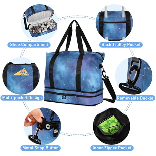 ALAZA Sports Duffel Bags with Toiletry Bag Set,The Blue Nebula Pattern Travel Duffel Bags Multi Pockets Weekend Bag 5