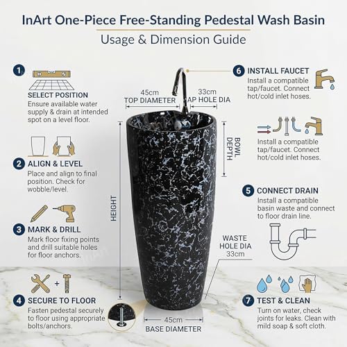 Image of InArt Ceramic Pedestal Wash Basin, Black Marble, 38x38 CM, Glaze Coated Easy Clean, Contemporary Free Standing Design for Modern Bathrooms, Kitchens, Living Rooms (Black Marble)