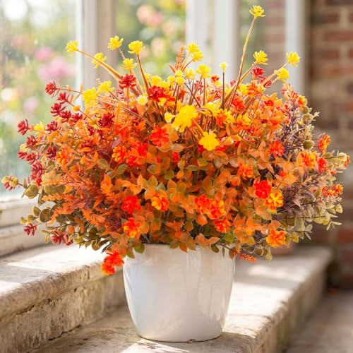 Hananona 12 Pcs Artificial Fall Flowers Outdoor Faux Artificial Plants UV Resistant Plastic Autumn Flower for Hanging Planter Front Door Porch Window Home Decor (12 Orange)