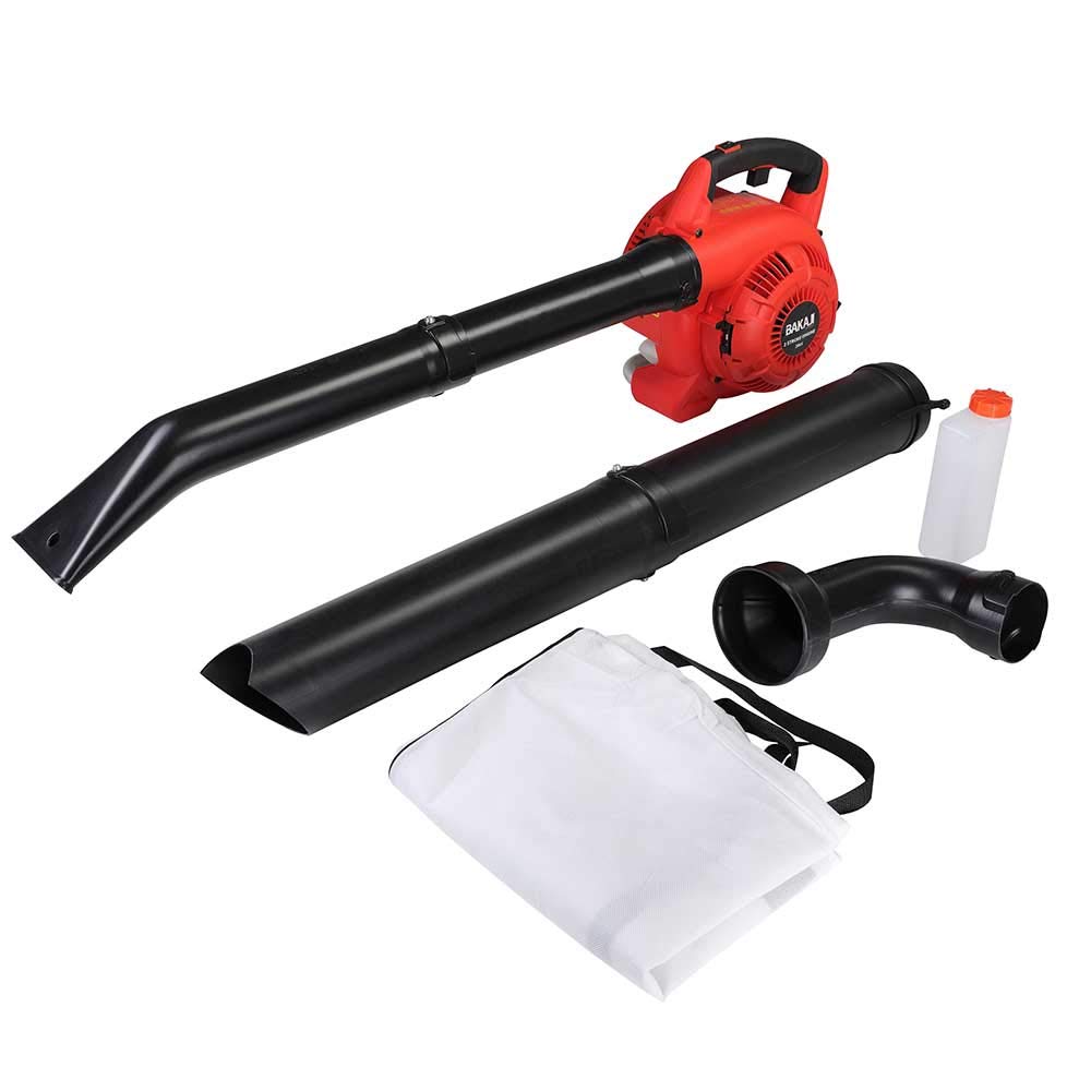BAKAJI - Soplador de Gasolina para jardín, Motor de Gasolina de 2 Tiempos, 26 CC, 8500 RPM, 3 en 1, Aspirador triturador y soplador de Hojas con Bolsa de Recogida de 35 l, para Espacios Exteriores