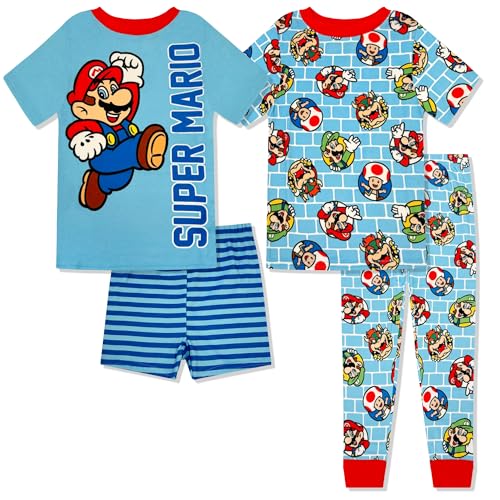 Super Mario 4 Piece Pajama Set - Boys PJs with Short Sleeve Shirt Shorts & Pants - Kids Sleepwear Set - Official License