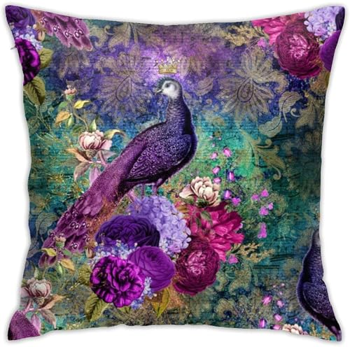 Image of Elegant Purple Teal Peacock Floral Throw Pillow Case Square Cushion Cover for Home Sofa Bedroom Living Room Outdoor garden Car Decorative 45x45cm