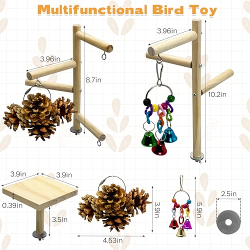 Image of PINVNBY 3 PCS Wooden Small Bird Playground for Top of Cage, Wood Parrot Stands Perch Birds Gym with Hanging Chewing Toys Bird Cage Accessories for Parakeet Conure Love Birds Budgie
