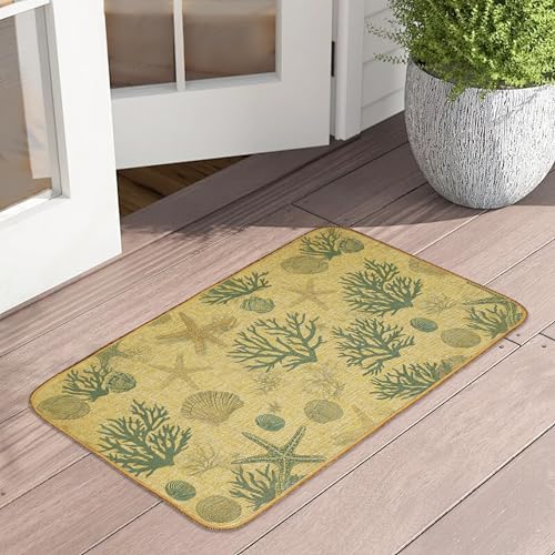 Doormat Bule Shells Starfish Front Door Mat Indoor Outdoor Entrance,Coastal Coral Door Mat Waterproof Low Profile All-Season,Easy Clean Patio Porch Entryway Floor Rug 17x29 Inch