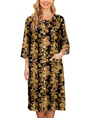 Image of Bloggerlove House Dress Women Cotton Snap Front Nightgown 3 /4 Sleeve Housecoat Duster Robe with Pockets Moomoo Patio Dress
