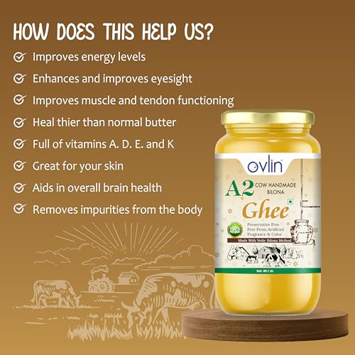 Image of Ovlin A2 Desi Cow Ghee | Handmade Bilona Method Ghee | Pure Desi Cow Milk | Traditional Vedic Bilona Process | 100% Natural, Preservative Free | Rich in Vitamins A, D, E & K | Pure A2 Bilona Cow Ghee for Cooking & Daily Nutrition (1000 ml )