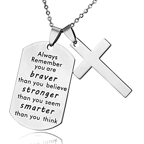 Always Remember You Are Braver Than You Believe Jewelry Necklace Chain Cross Dog Tag Stainless Steel Pendant Necklace Inspiring Gift