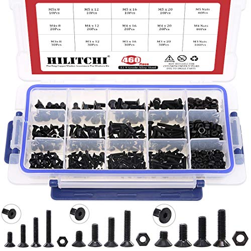 Hilitchi 460-Pcs M3 M4 M5 Hex Socket Flat Head Countersunk Bolts Screw Nut