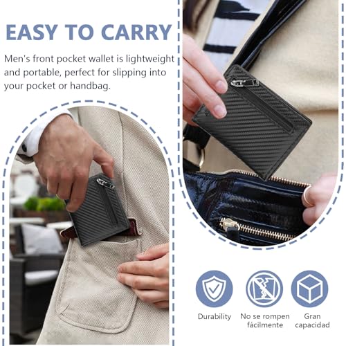 Slim Bifold Wallet for Men with Zipper Coin Pocket, Leather RFID Blocking Pouch, Black Compact Minimalist Front Pocket Wallets for Men with ID Window and 7 Card Slots (Black)3