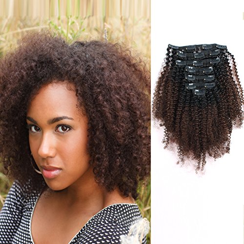 AmazingBeauty 8A Grade 3C 4A Big Afro Kinkys Curly Ombre Hair Extensions Double Weft Real Remy Human Hair for African American, Natural Black Fading into Chocolate Brown Two Tone Color TN-4, 14 Inch