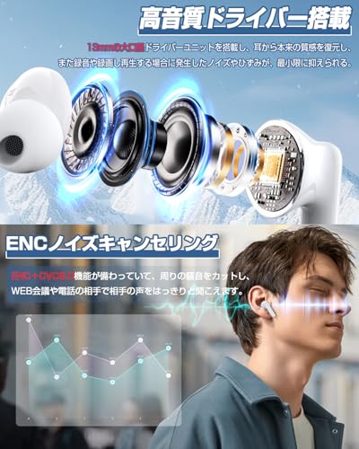 イヤホン bluetooth ワイヤレスイヤホン Blueooth 5.4 ブルートゥースイヤホン ENC通話ノイズキャンセリング 自動ペアリング Type-C急速充電 小型/軽量 快適な装着感 マイク付き Hi-Fi音質 超軽量設計 タッチ式音量調整 iOS/Android対応 コンパクト/テレワーク/通勤/音楽/通学/スポーツ/WEB会議（白）