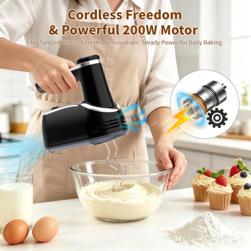 Image of binROC Cordless Electric Hand Mixer, 12-Speed Rechargeable Handheld Mixer with Eject Button, 6 Stainless Steel Attachments, Snap-On Storage Case, LED, Self-Stand for Baking, Cake, Dough, Egg (Black)