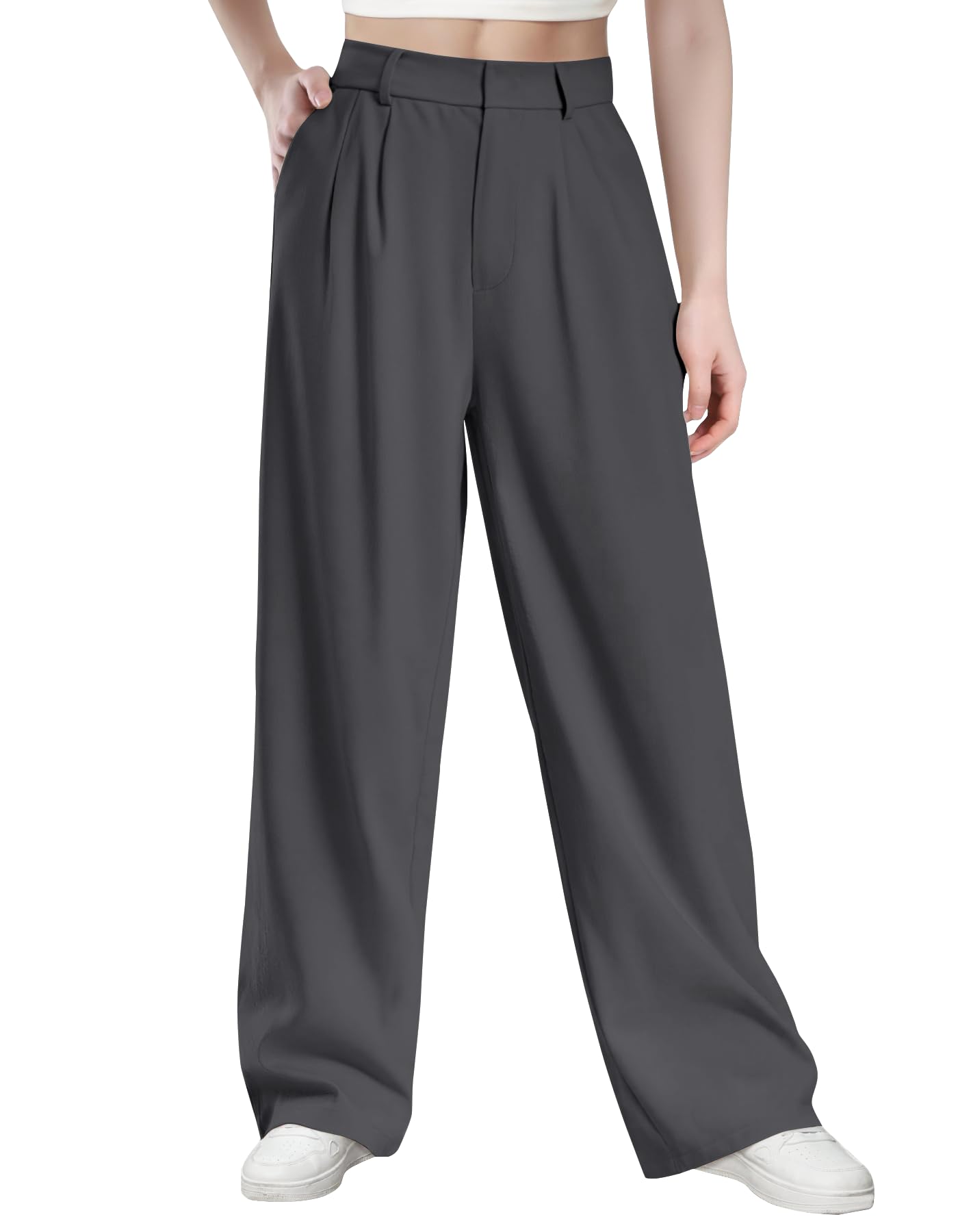 Glacspyg Damen Hohe Taille Freizeithosen Hochdichter Polyester Elasthan Stoff Business Arbeitshosen Glatte Elegante Weite Hosen mit Taschen