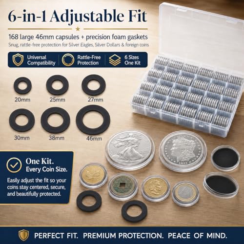 Image of FULLCASE Coin Capsules for Collectors, 168-Piece Storage Case,Fits 20-46mm | 6-Size Foam Gaskets,for Silver Dollars Eagles & Foreign Coins,Airtight Coin Storage Box,Organizer Collecting Supplies Black