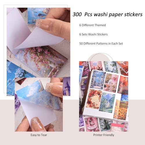 Image of 6 Sets 300 Pcs Washi Stickers Set Colorful Dreams Sticker Book for Journaling, DIY Decorative Paper Sticker Decals for Bullet Journal Art Scrapbooking Diary Card Craft Gift Album Notebook Stationery
