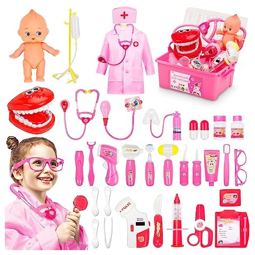 Fivejoy 43 Pièces Malette Docteur Jouet, Déguisement De Mallette Docteur Enfant Costume Cosplay Avoir Poupée Et Stéthoscope , Outils Médical Cadeau pour Enfant Fille Garçon (Rose)
