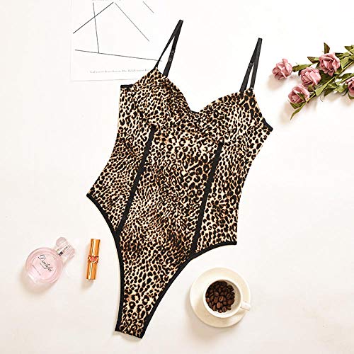 QINGQU Women's Erotic Bodystockings Erotic Sleepwear & Robe Sets Women's Sexy Slim Leopard Print See-Through Camisole Camisole one-Piece Black L