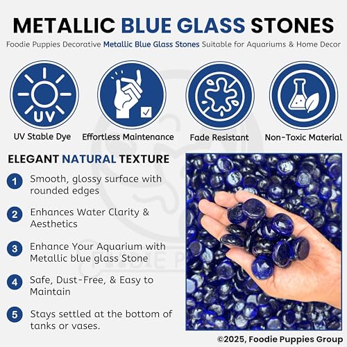 Image of Foodie Puppies Glass Pebbles Stones (2Kg, Metallic Blue) (2cm - 2.5cm) for Decoration of Garden, Plants Pots, Fish Tank, Aquariums, Tables Small Crystal Clear Flat Decorative Vase Filler Marbles