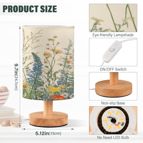 Ewusp Wildflowers - Lámpara de mesa de noche con mariposas para dormitorio, lámpara LED de mesita de noche con puertos de carga USB, pantalla de tela y base de madera para escritorio, sala de estar - imagen 3