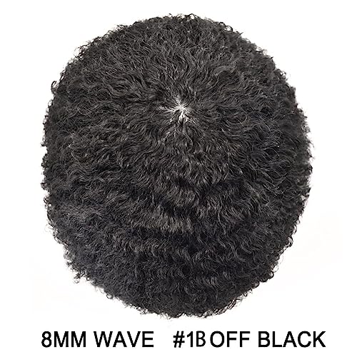 Hair Wonders Hair Units For Black Men Full Poly Skin Afro Toupee Black Men Brazilian Hair Systems Kinky Curly Hair African American Men Human Hairpiece 8mm #1B Off Black120% Density