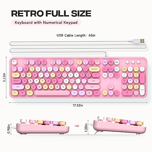 Image of Atelus Computer Keyboard Wired, Plug Play USB Keyboard with Large Number Pad, Caps Indicators, Foldable Stands, Full Size Keyboard for Windows PC Laptop (Pink Colorful)