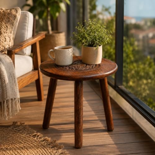 Image of WOOYNEX Wooden Table with Three Legs, Burnt, Round Coffee & Side Table | Modern, For Small Spaces with Pillar, Wood Books, Magazines, and Plant Stand, For Living Room, Entryway Table