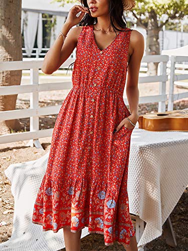 Image of TEMOFON Women Dress Summer Sleeveless Bohemian: Floral V Neck Button Down Flowy Boho Dresses S-XL