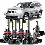Fit for Jeep Grand Cherokee 1999-2010 LED Front Bulbs Fog LED Light Combo,9005+9006 High & Low Beam Bulbs+9145 led fog light bulb,500% Brightness, 6000K White,Plug and play, No Errors, 6-Pack