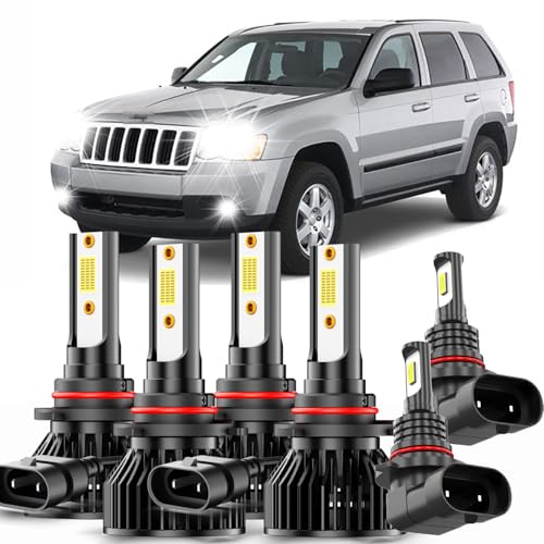 Fit for Jeep Grand Cherokee 1999-2010 LED Front Bulbs Fog LED Light Combo,9005+9006 High & Low Beam Bulbs+9145 led fog light bulb,500% Brightness, 6000K White,Plug and play, No Errors, 6-Pack